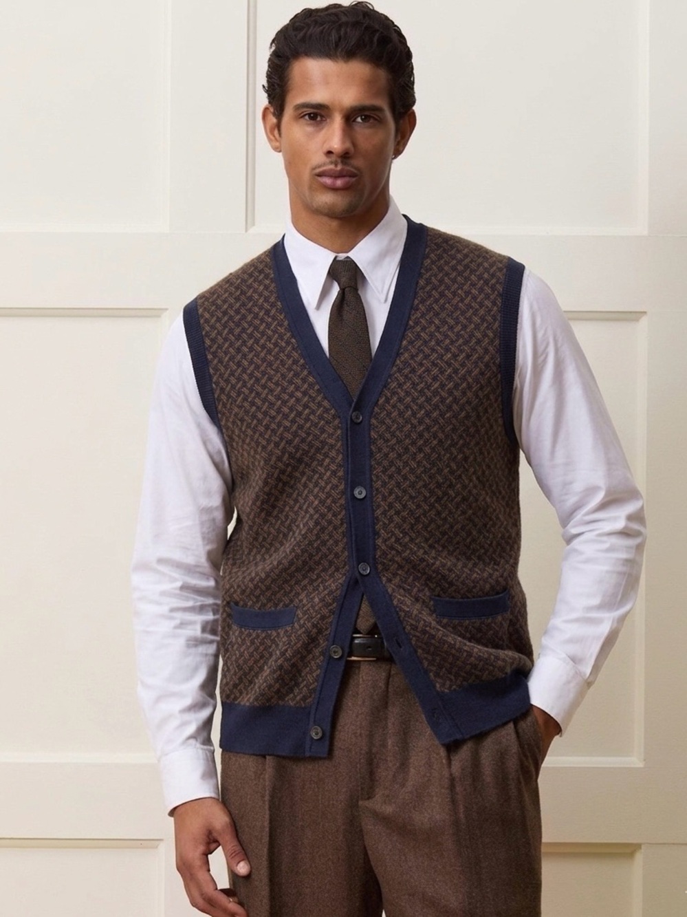 Todd Snyder Brown/Navy Geometric Silk/Cotton Grandpa Sweater Vest Size XL Retro